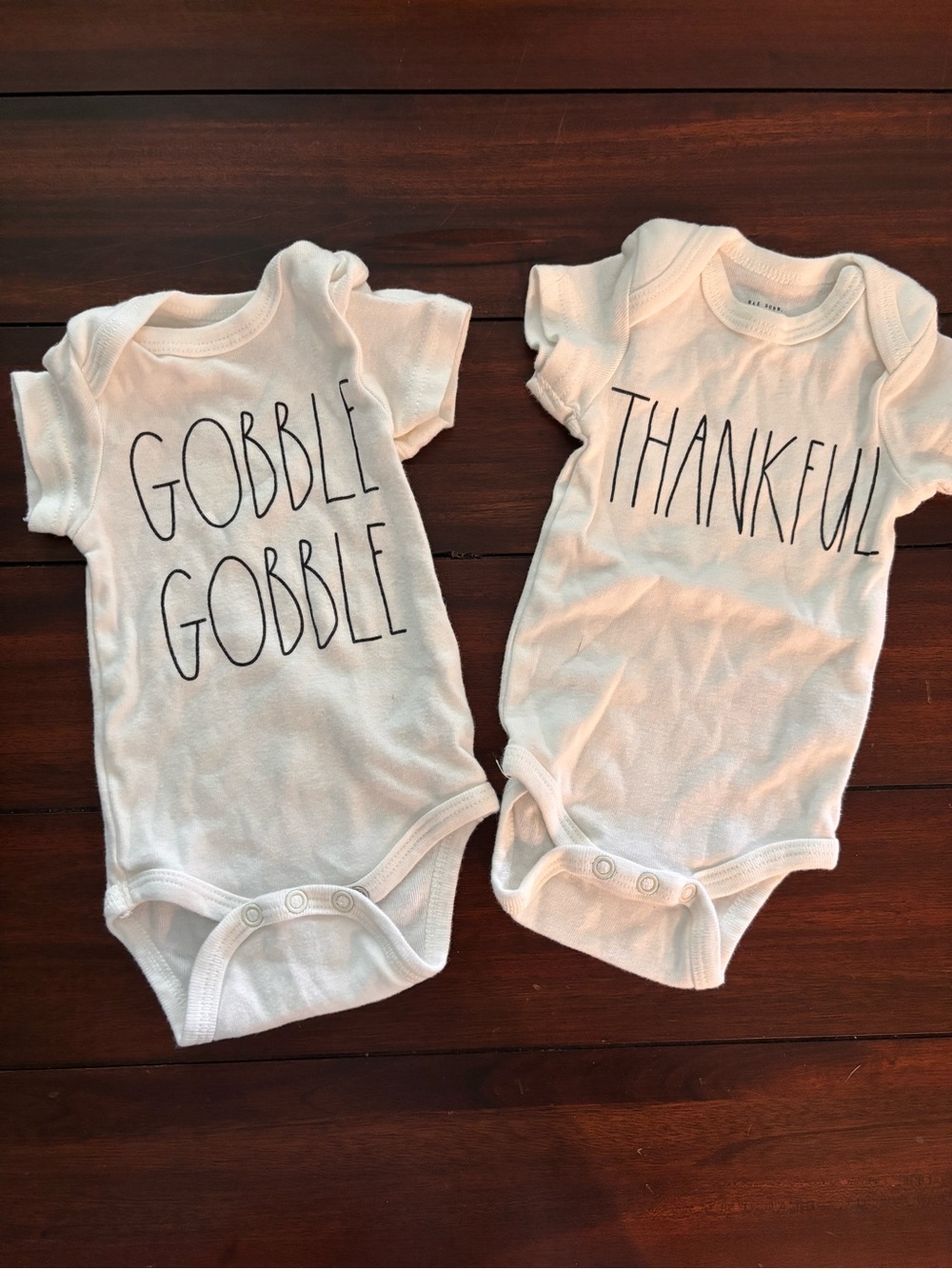 Rae Dunn 'Gobble Gobble' and 'Thankful' Baby One-Pieces - never worn